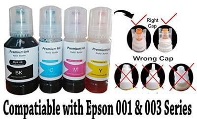 001 / 003 Refill Ink for EPSON Ink Tank Printer BK 127 ml & CMY 70 ML Dye Ink Each