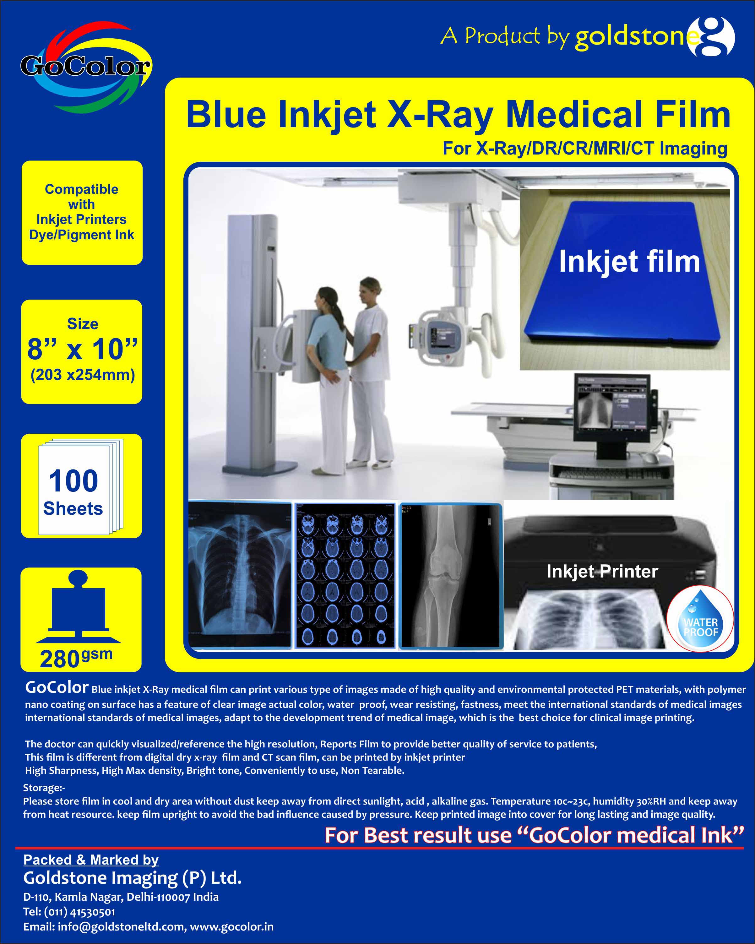 GoColor Inkjet Medical Blue Film for X Ray Film / SIZE: 203mm x 254mm ( 8 inch X 10 inch ) X 100 Sheet Pack of 280 GSM / 210 Micron