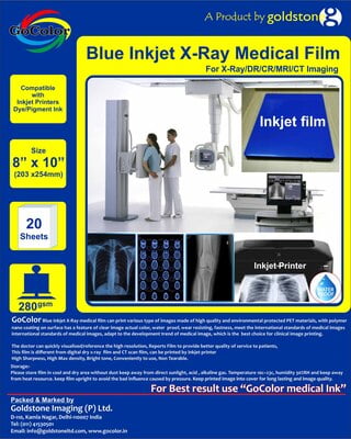 Inkjet Medical Blue Film for X Ray imaging/Waterproof Film/SIZE: 203mm x 254mm (8 inch X 10 inch) X 20 Sheet Pack of 280 GSM / 210 Micron