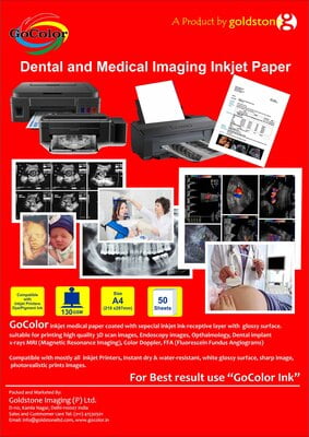 Inkjet Paper for Dental & Medical Imaging - 3D Scan, Endoscory Images, Dental Implant, X Ray MRI, Color Droppler, FFA etc A4 Size 130 GSM 50 Sheet Pack