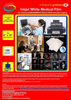 Inkjet Medical WHITE Film 8"X10"  DR/CR/MRI/CT Imaging Film 175 Micron / 240 gsm 100 SHEETS