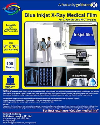 A4 x100 GoColor Inkjet Medical Blue Film for X Ray Film / SIZE: 210mm x 297mm  100 Sheet Pack of 280 GSM / 210 Micron