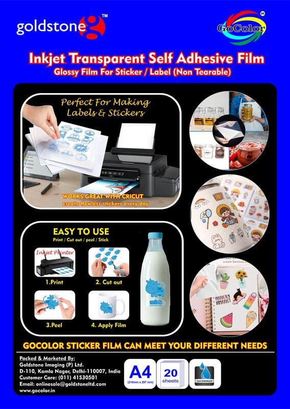 Self Adhesive Inkjettransparent/clear Film sticker/label - A4 Size (210mm X 297mm) 20 Sheet