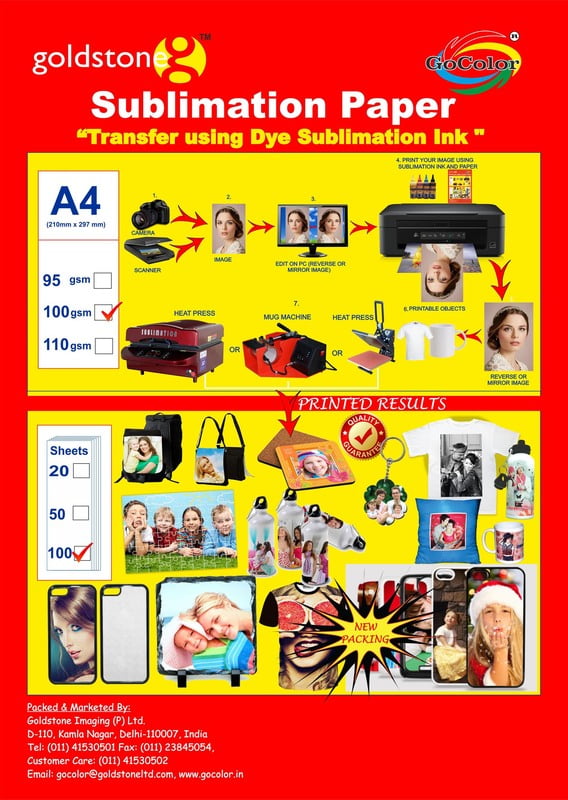 GoColor High Quality Dye Sublimation Inkjet Paper 110 GSM A4/100 Sheets for Mug and T-Shirt Printing